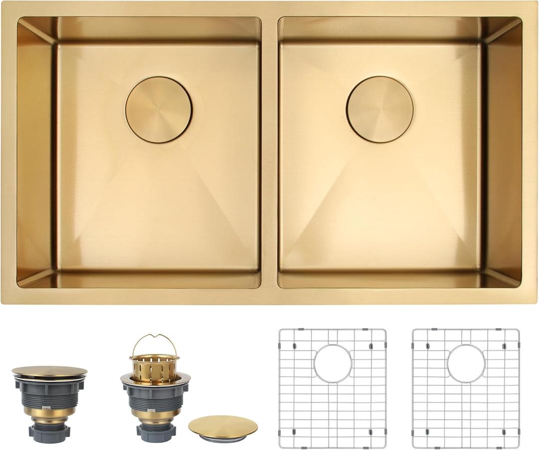 LQS 32" x 18" Undermount Kitchen Sink, Gold Kitchen Sink, 50/50 Double Bowl 16 Gauge Stainless Steel Sinks with Accessories