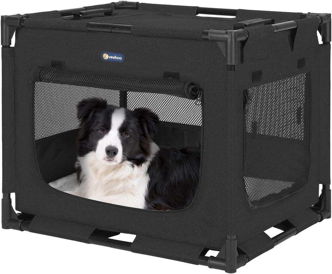 Veehoo 36 inch Soft Dog Crate, Lightweight Dog Cat Kennel for Large Dogs, 3-Door Cat Dog Playpen Puppy Playpen Indoor, 5 x Durable Mesh Screen, Indoor & Outdoor Use, Assembly Required, CWB2429CP (36"L x 25"W x 25"H, Black)