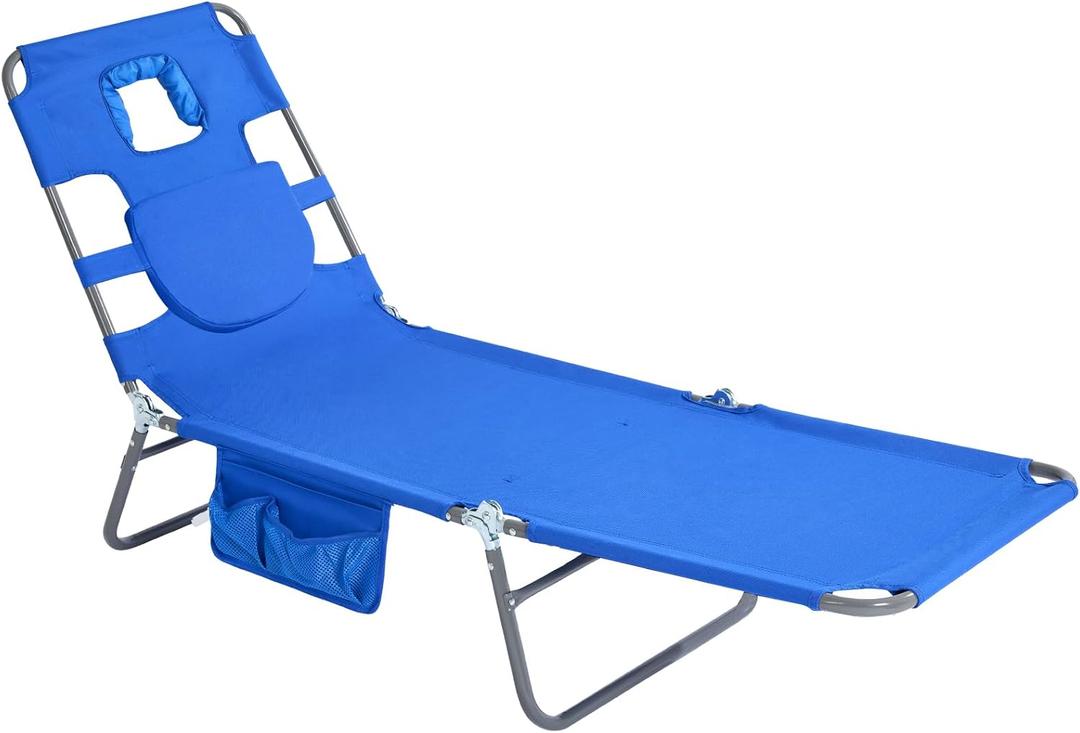 SUNNYFEEL Lay Flat Tanning Chair with Face Down Hole & Arm Slots, Backpack Beach Lounge Chair, 5-Position Folding Sunbathing Chair, 300 LBS Heavy Duty, 72" L x 22" W for Beach, Pool, Camping, Standard -1pcs