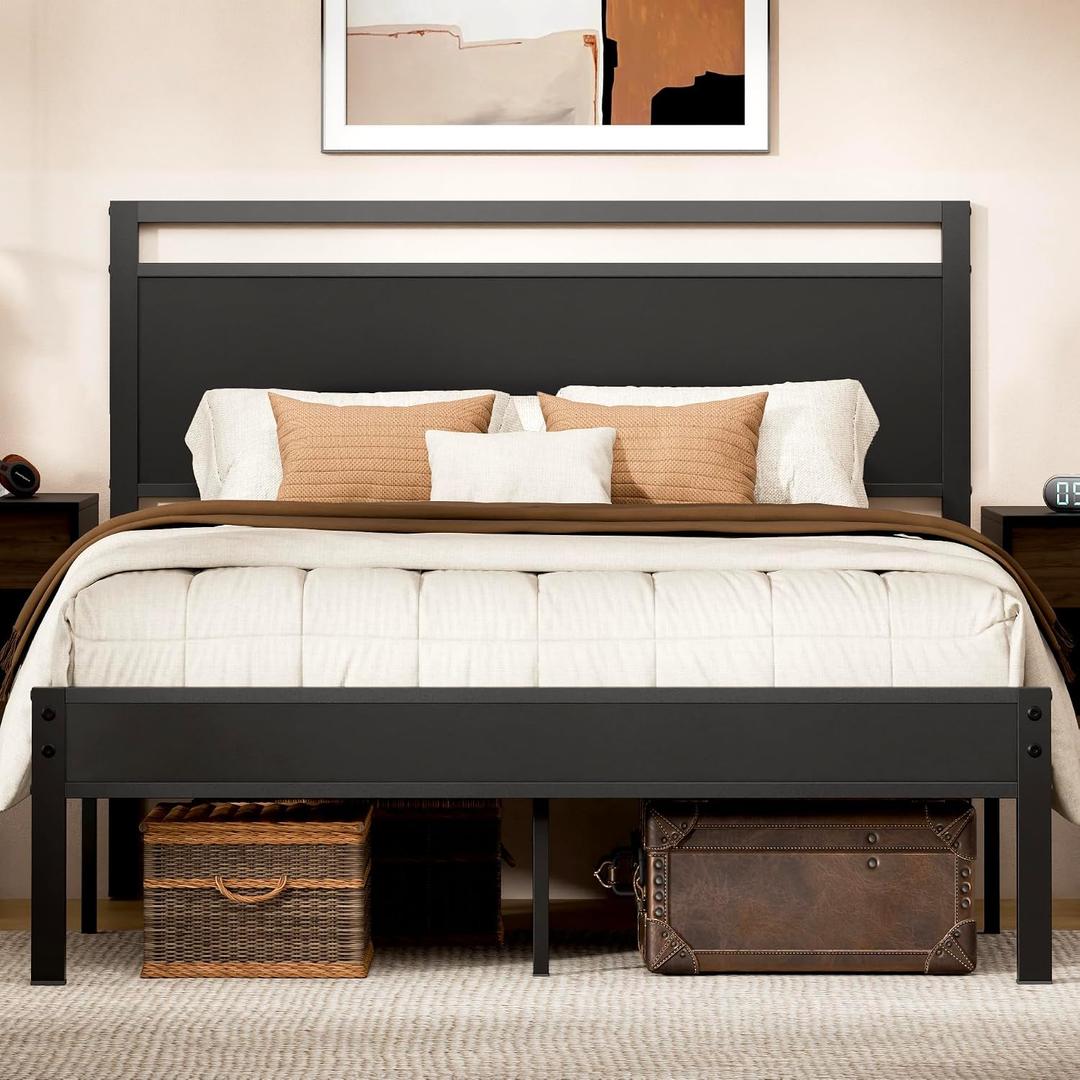 Z-hom Queen Bed Frame with Wooden Headboard & Footboard,Metal Platform BedHeavy Duty Metal Slat Support,No Box Spring Required,Quiet Non-Slip Construction with Underbed Storage Space,Black