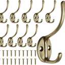 10 Pack Coat Hooks Wall Mounted with 20 Screws, Heavy Duty Antique Brass Towel Hooks Metal Double Hooks, No Rust Retro Rustic Wall Hooks for Hanging Towel, Coat, Scarf, Bag, Hat, Cup, Key