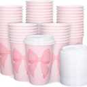 Whaline 50Pcs Pink Bow Coquette Coffee Paper Cups Valentine's Day Bowknot 16 Oz Disposable Cups With Lids For Hot Cold Drinks Birthday Baby Shower Bachelorette Party Supplies