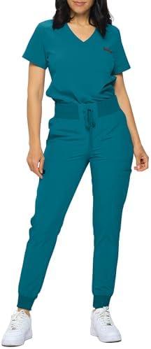 Monarch Uniforms Slim Fit Stretchy Scrubs Women's Jogger Scrub Set Slim Jogger Scrubs with Tuck-In Top for Women L