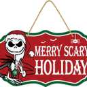 Nightmare Christmas Decorations, Funny Holiday Wood Door Hanging Sign, Merry Scary Holiday Welcome Sign Front Door Decor Party Supplies, Jack Nightmare Christmas Merch Gifts for Women Men
