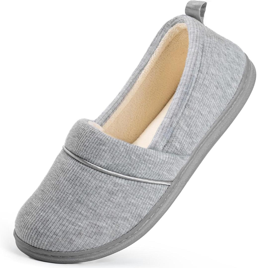 Women's Comfort Cotton Knit Memory Foam House Shoes Light Weight Terry Cloth Loafer Slippers w/ Anti-Skid Rubber Sole (9 B(M) US, Light Gray)