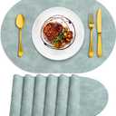 ADRIMER Placemats, Heat Resistant Oval Placemats Set of 6 Washable 12 x 17 Inch, Waterproof Table Mats, Wipeable Pu Place Mats for Kitchen, Dining Room, Light Blue