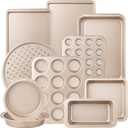 10-Piece Baking Pans Set, Bakeware Sets Nonstick, Baking Set for Oven Cooking, Stackable Carbon Steel Pans Include Cookie Sheets, Muffin Pan, Cake Pan, Pizza Pan, Loaf Pan, Roasting Pan, Gold