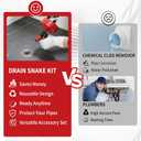 Drain Snake 25 Ft with Drill Attachment, Auto Feed 1/4 Inch Plumbing Snake for Sink, Shower & Tub Clogs, Manual or Drill-Powered Drain Auger, with Gloves, Safety Glasses & Storage Bag
