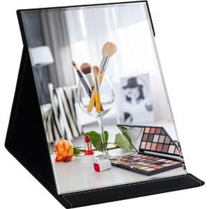 ZBEIVAN 12x9 Inches Extra Large Portable Folding Makeup Mirror, Frameless PU Leather Vanity Mirror with Stand for Desk Table Camping Travel Personal, Black