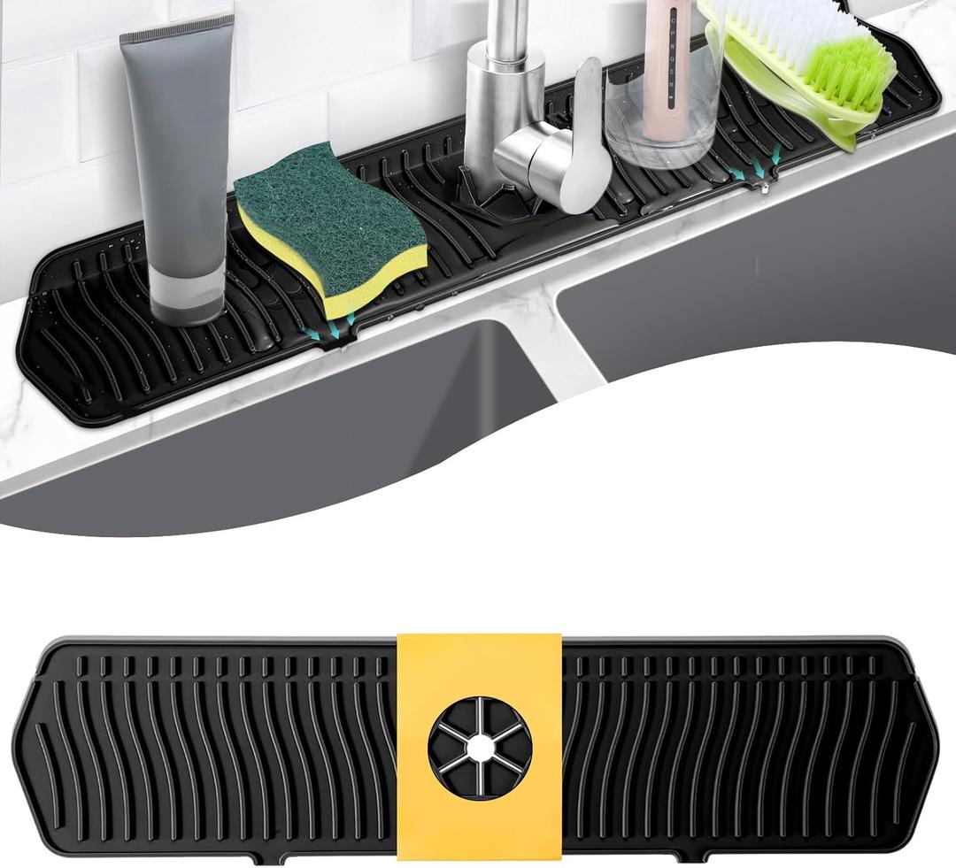 COBETE Kitchen Sink Splash Guard, 24in Faucet Mat Splash Catcher, Handle Drip Catcher Tray, Multipurpose for Kitchen Dish Drying Mats Sponge Holder and Bathroom Countertop Protect(Black)