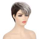 Short Grey Mix Brown Womens Wig with Bangs Pixie Cut Layered Fluffy Hair Synthetic Wigs for Daily Use