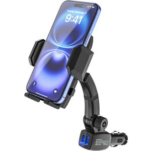 Cigarette Lighter Phone Holder Car Mount Charger [Dual USB Fast Charging] Car Cigarette Lighter Socket Phone Mount with Adjustable Arm, Car Phone Holder Charger for iPhone 16 Pro, Galaxy S24