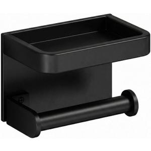 Toilet Paper Roll Holder with Phone Shelf, Adhesive or Screw Aluminum Tissue Roll Holder Wall Mount, Rustproof for Bathroom,Washroom Black