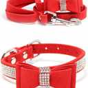 Dazzling Rhinestone Dog Collar with Soft Fabric and Crystal Bow Tie - Elegant and Glamorous Puppy Collars for Small Dogs with Leash in Red, XXS