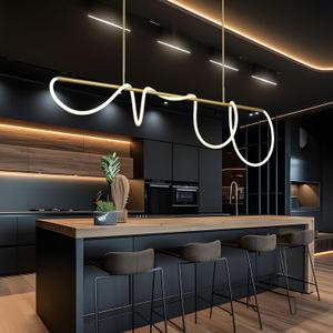 Gold Pendant Light Kitchen Island Lighting 70.86inch Dimmable Modern Dining Room Pendant Light Over Table 3-Color LED Ceiling Hanging Pendant Chandelier Light Fixture with Soft Silicone Lamp Strip