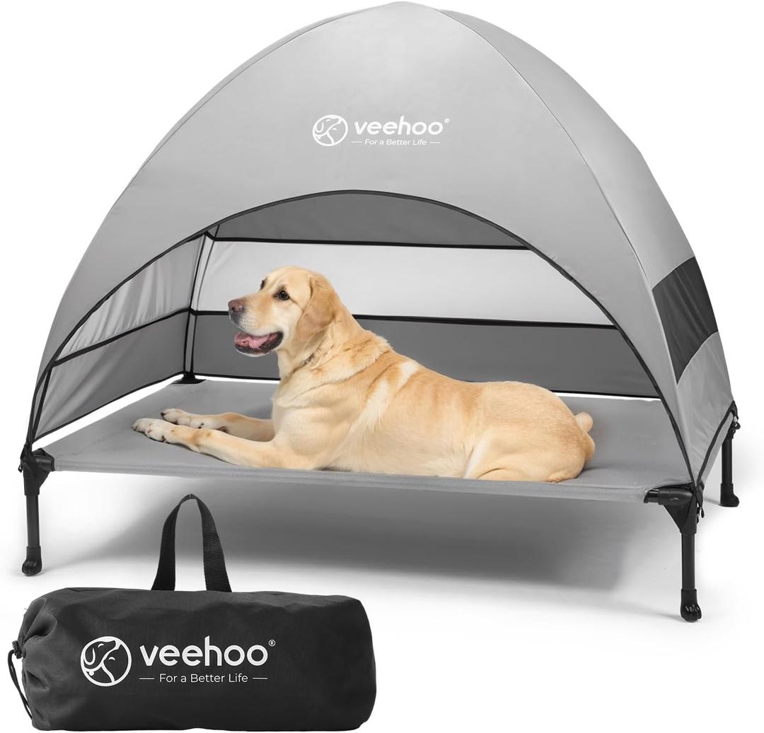 Veehoo Outdoor Dog Bed with Canopy, Cooling Elevated Pet Cot with Removable Shade, Non-Slip Feet, Raised Dog Cot for Large Dogs, Pet Tent Bed for Camping, Beach, Large, Grey, CWC2411 (42.0"L x 30.0"W x 33.5"Th)
