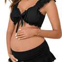 Summer Mae Maternity Bikini Swimsuit Low Rise Swim Skirt Tie Bowknot Two Piece Bathing Suit Puffy Sleeves Pregnancy Swimdress Black, 12