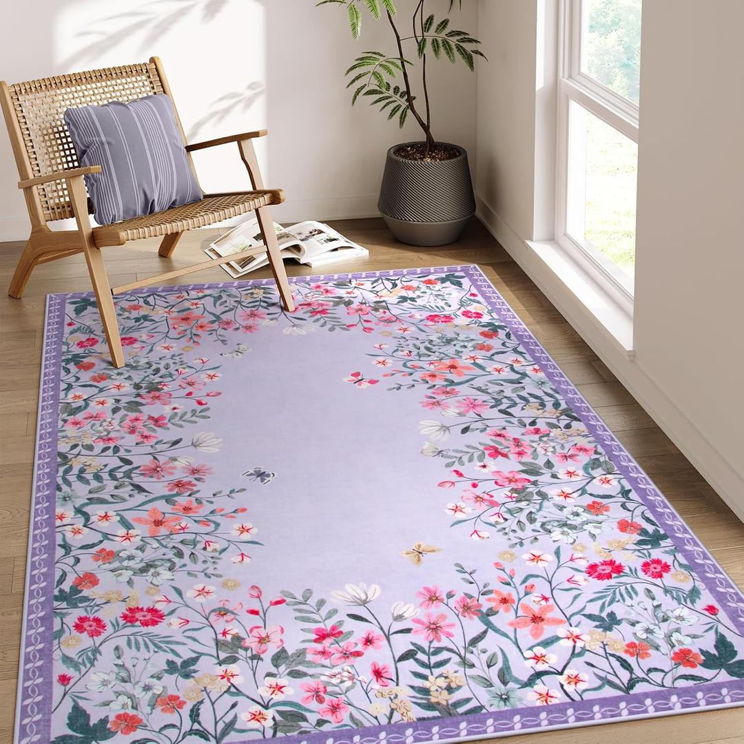 Wonnitar Washable 4x6 Rug, Purple Rugs for Girls Bedroom, Soft Non-Slip Nursery Area Rug, Floral Rug Kids Room Low Pile Throw Carpet for Dorm Decor (Purple,4'x6')