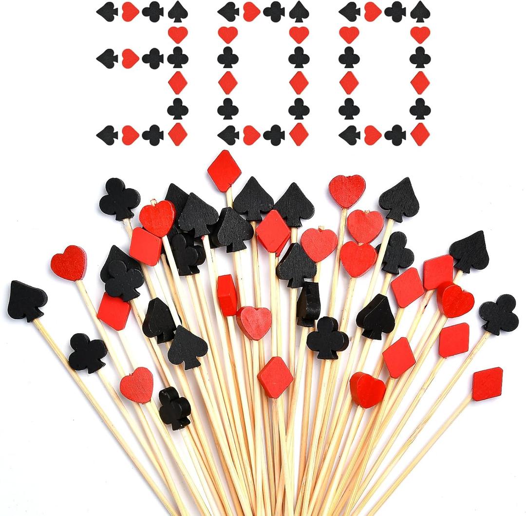 300 Pcs Casino Cocktail Toothpicks, Bamboo Appetizer Toothpicks Poker Party Decorations Cocktail Picks for Drinks Casino Cake Decor Black and Red Poker Fruits Cake Picks