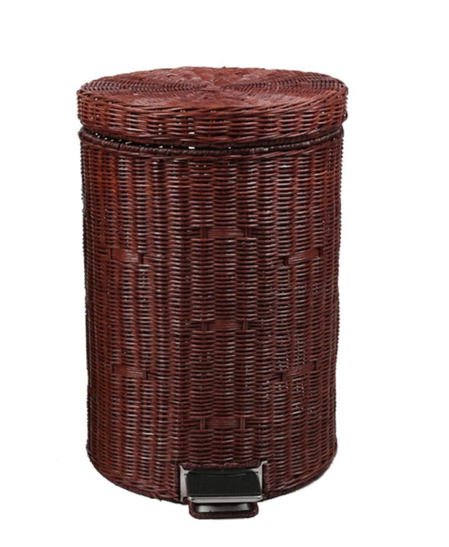 CUTMKGK Rattan Round Foot Pedal Trash Can with Lid,Kitchen Wicker Garbage Can Bedroom Retro Office Silent Handwoven Wastebasket (Dark Brown, 12L)