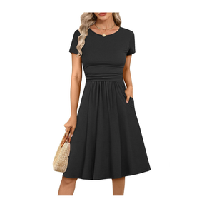 Prinbara Summer Dresses for Women 2025 Casual Fashion Short Sleeve Round Neck Pleated Dress Loose Comfort Flowy Dresses, Large, Black 