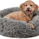 Furhaven 23" Round Calming Donut Dog Bed for Indoor Cats & Small Dogs, Washable, For Dogs Up to 20 lbs - Shaggy Plush Long Faux Fur Donut Bed - Gray, Small
