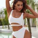 Blooming Jelly Women's High Waisted Bikini Sets High Cut Bathing Suits Two Piece Sporty Cut Out Swimsuits (White, XXL)
