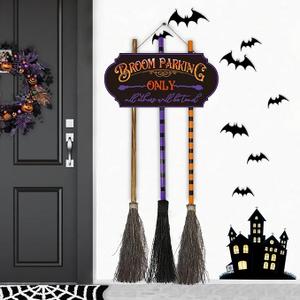 Halloween Witch Broom Decorations, Light-Up Halloween Porch Decor Outdoor, Wooden Witch Broom Sign, Indoor Halloween Wall Decor, Yard Door Decorations for Trick or Treat Sign (Exclude Battery)