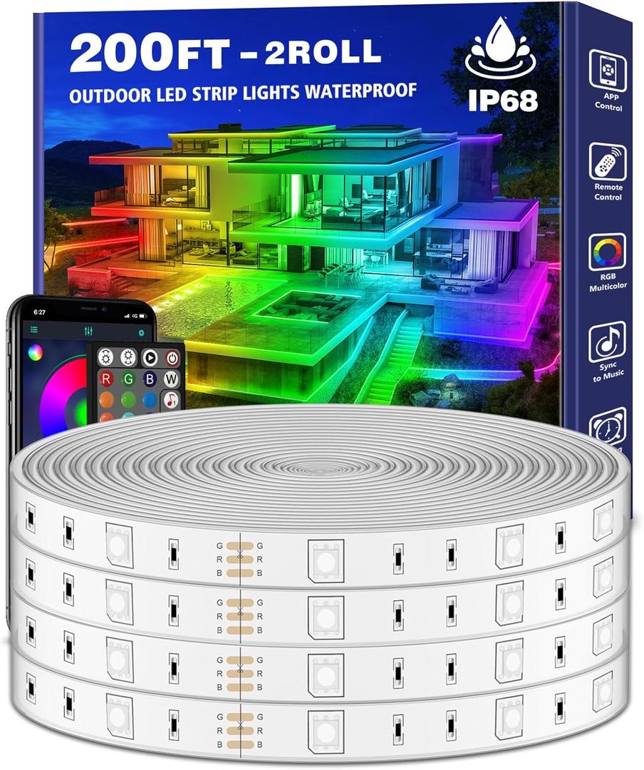 200ft Outdoor LED Strip Lights Waterproof 1 Roll, IP68 Outside Led Light Strips with App and Remote, Music Sync RGB Exterior Rope Self Adhesive Back for Deck, Balcony, Pool