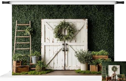 Kate Spring Photography Backdrops Barn Door Photo Backdrop Green Plants Background, 7x5ft