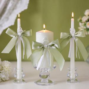 3 Pcs Unity Candles with Satin Bow and Glass Candle Holder Boho Wedding Unity Pillar Candle Set Wedding Ceremony Reception Candles Decor for Formal Events Church(Sage Green)