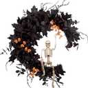 20" Pre-lit Halloween Black Moon Wreath with Poseable Skeleton, Handmade Halloween Wreath Decor for Home Front Door Porch Wall Hanging