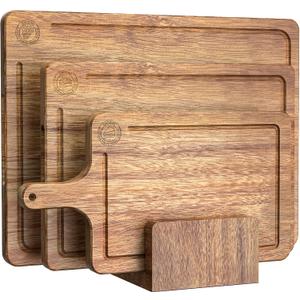 Acacia Wood Cutting Board Set of 3 Non-Toxic & Pre-Oiled Cutting Boards for Kitchen, Chopping Boards with Holder, Juice Groove, Reversible Serving Board, Labeled Icons for Meat Cheese Vegetables