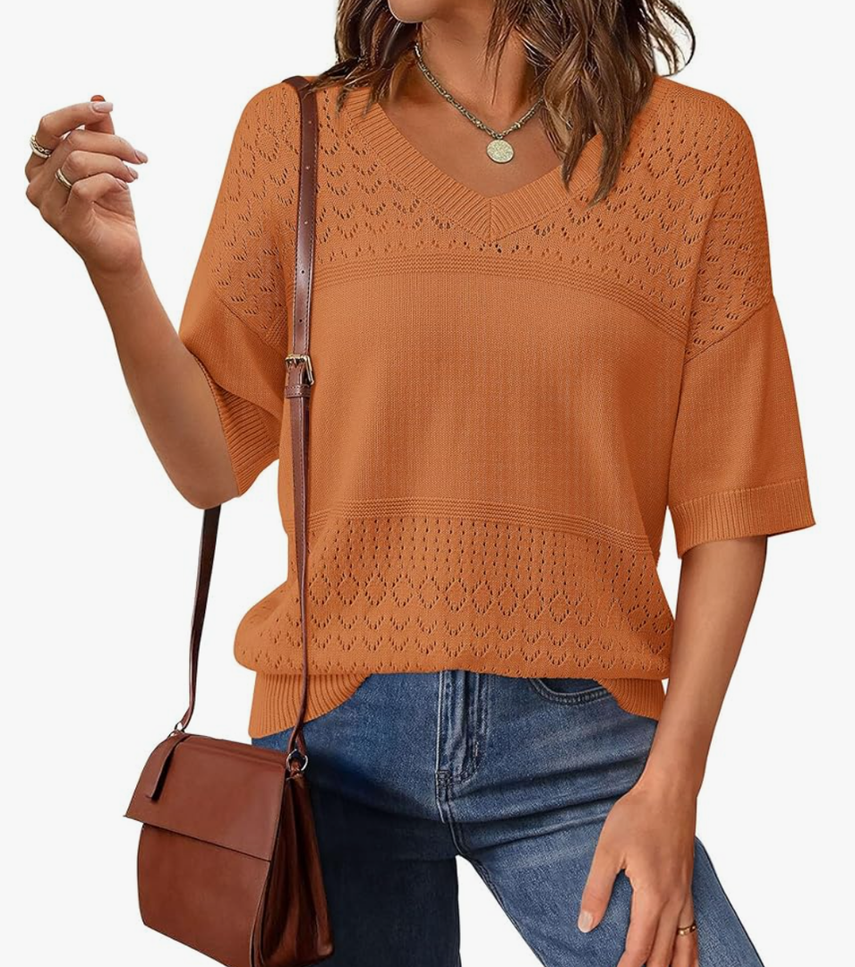 PRETTYGARDEN Women's Short Sleeve Sweater Tops 2025 Spring Summer Casual V Neck Ribbed Knit Trendy Eyelet Blouse T Shirts XL