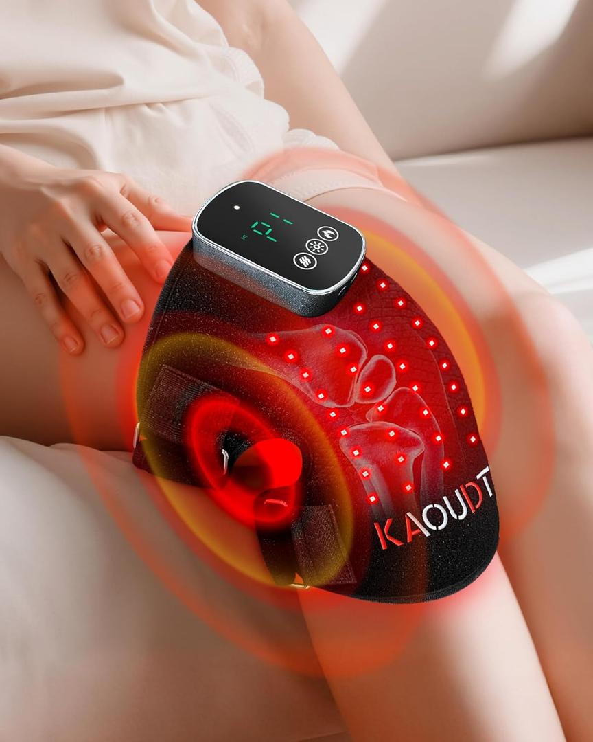 3D Knee Massager with Heat and Red Light Therapy, Wireless 5000mAh Heated Knee Brace Massager for Pain Relief, 5-Level Intensity & 3-Mode Vibration & 3 Heat Settings for Joint Pain Relief Black