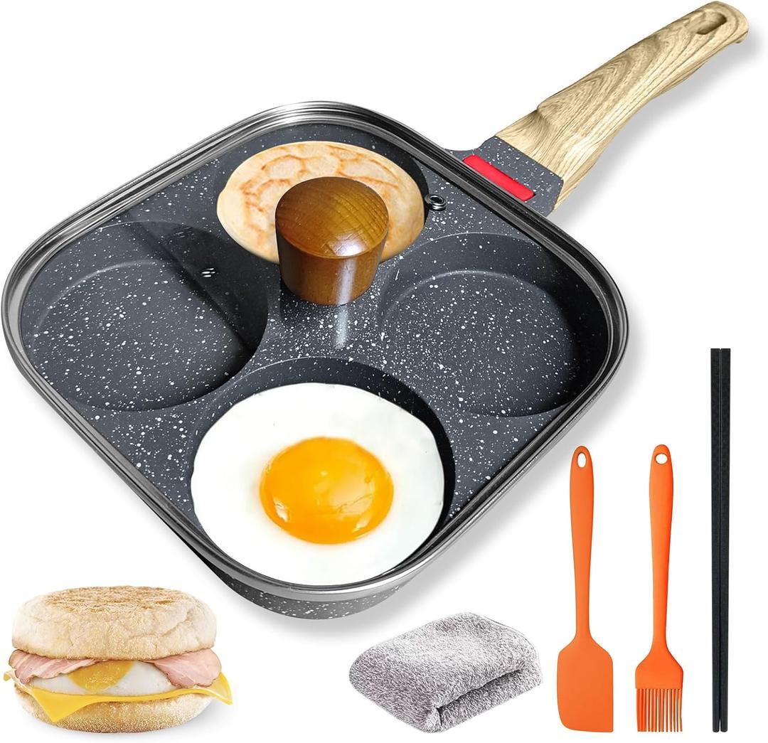 4Cup Nonstick Egg Pan Set with Lid Aluminum Omelette Skillet for Breakfast, Includes Silicone Scraper, Oil Brush, Chopsticks & Cleaning Cloth Compatible with Gas & Induction Cooktops (Black)