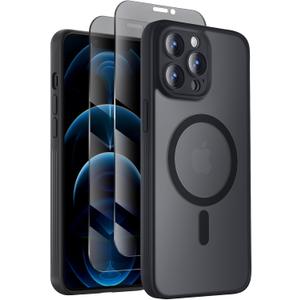 Symcele Designed for iPhone 12 Pro Case, Compatible with MagSafe, with Privacy Screen Protectors X2, [Camera Protection] [15FT Military Drop Protection] Shockproof Phone Case, 6.1", Black