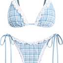 ZAFUL Women's Triangle Bikini Lace Frilled Ruffles Gingham Print Tie Side Spaghetti Strap 2 Pieces Bikini Swimsuit (Medium, 3-blue)