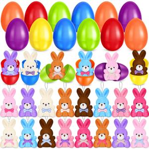 24 Pack Prefilled Easter Eggs with Plush Bunny Toys, Plush Animal Keychain for Easter Hunt, Basket Stuffers Filler, Easter Party Favors, Classroom Prize, Surprise Egg