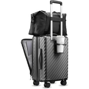 LUGGEX Carry On Luggage with Compartment and Cup Holder, Expandable PC Hard Shell Suitcase with Front Pocket (Gunmetal, 2-Piece (20/Tote))