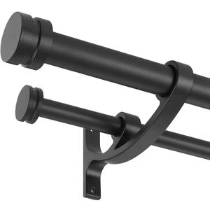 Double Drapery Curtain Rods, 36-72 Telescoping Curtain Rod with 1inch large rod and 5/8inch small rod, Modern Round Style Finials, Matte Black