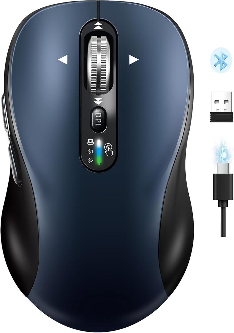 Bluetooth Wireless Mouse for Laptop,USB+BT×2,USBC Charging,Quiet Multi Device Mouse,Metal 4Way Super Scrolling,± 3200 DPI,10 Button,Plug&Play,Ergo Computer Cordless Mice,for iPad/Tablet/Mac/PC/Phone