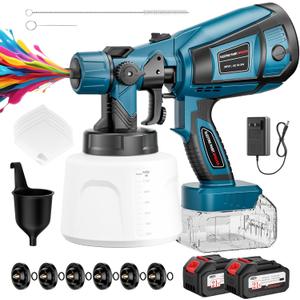 Paint Sprayer, 650W Cordless Spray Paint Gun with Battery 2  4.0mAh, 6 Brass Nozzles & 1400ML (47 fl.oz) Container, Paint Sprayer for House Painting Graffiti Wall Fence Furniture DIY Projects (Blue)