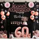 60th Birthday Decorations for Women, 54pcs Happy 60th Birthday Crown and Sash, Black Rose Gold Banner Backdrop Balloons Hanging Swirls Paper Fans, 60 Years Old Birthday Party Supplies Kit