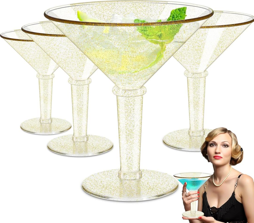 Unbreakable Giant Martini Glasses set of 4, 48 oz Plastic Cocktail Glasses, Jumbo, Reusable, BPA Free, Detachable, Perfect for Picnic, Beach & Patio Party, Appetizers, Birthday, Wedding and All Events (Gold Glitter - 4pcs)