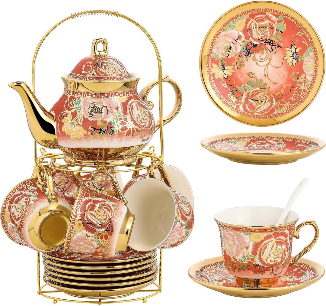 20 Pieces Porcelain Tea Set With Metal Holder, European Ceramic tea set for adults,Flower Tea Set,Tea Set For Women With Flower Painting (Large version, Capsicum Red)