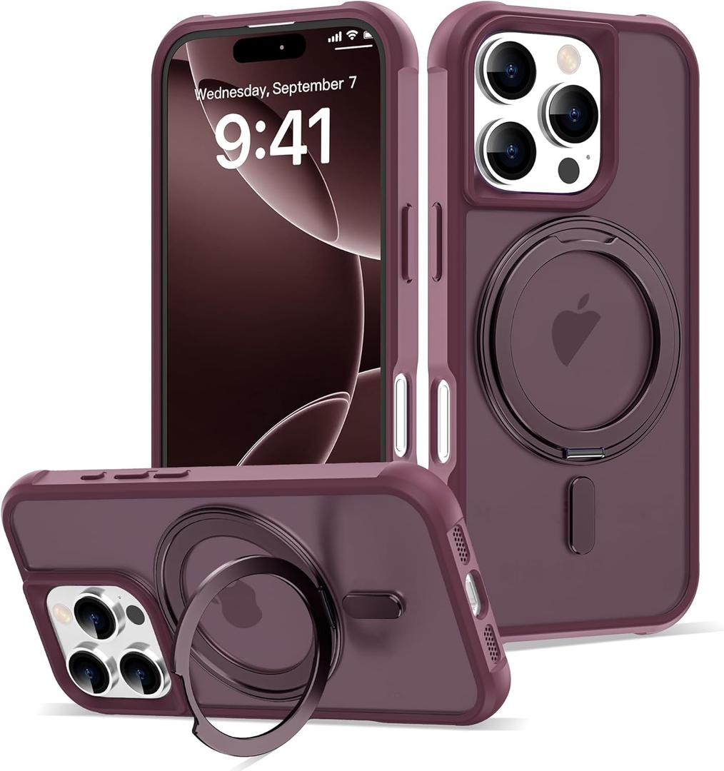 for iPhone 16 Pro Case with 360 Rotatable Magnetic Ring Stand [Compatible Mag-Safe] [Military Grade Protection] Translucent Matte Phone Cases for Women Men 6.3'', Wine Red