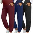 3 Pack Women's Maternity Scrub Pants, Workwear Pregnancy Jogger Pants Over Belly Yoga Sweatpants Zippered Pockets (Medium, Black, Wine Red, Navy Blue)