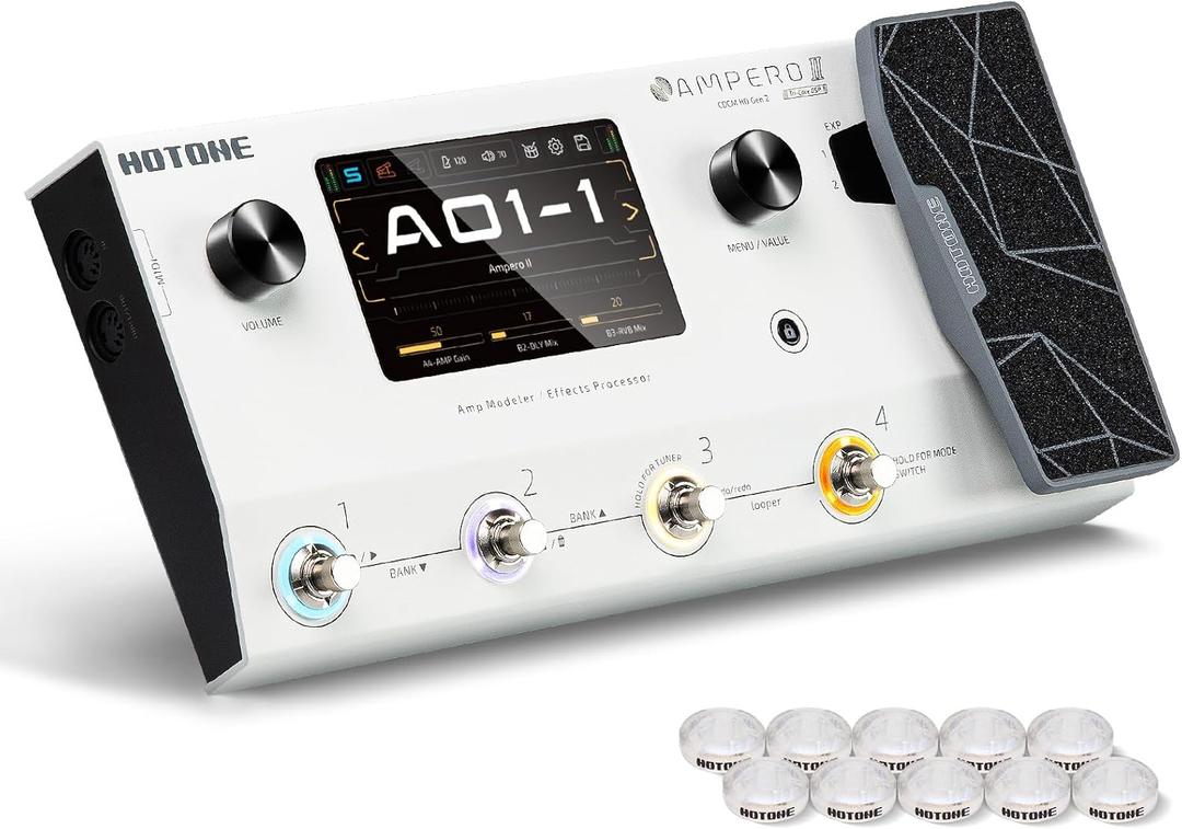 HOTONE Multi-Effects Pedal Dual Effect Chains with Expression Pedal FX Loop MIDI I/O Stereo OTG USB Audio Interface Touch Screen Ampero II(Include 10 PCS Additional Footswitch Toppers)