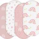 Soarwg Kids Bassinet Sheets 4 Pack, Bassinet Sheets for Baby Boy and Girl, Bassinet Sheet Neutral, Fit for Rectangle, Round, Oval, Hourglass Mattress, Flexible for Different Bassinet Pad/Mattress (Starlit Rainbow (Pink))
